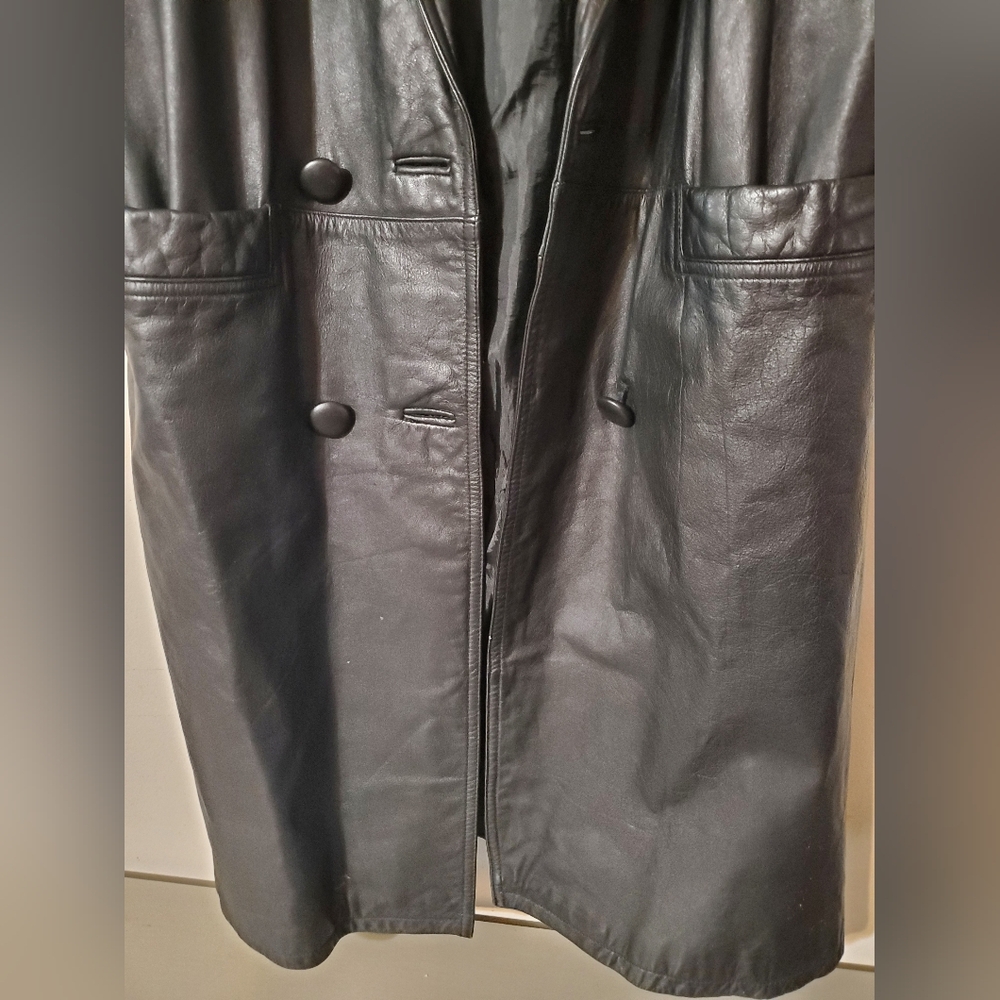 Y2k International Leather Collection Black Leather Trench Coat Size Small Petite - Picture 4 of 14